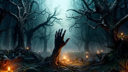 Haunting Halloween, zombie hand emerging from the burial ground. A feeling of fear pervades the atmosphere in a cemetery at night. Generative AI