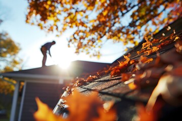 Man cleaning autumn leaves and debris from clogged gutter on residential home roof in the fall