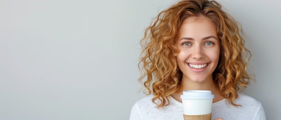  A woman, smiling, holds a steaming mug of coffee in her right hand while gazing directly at the camera