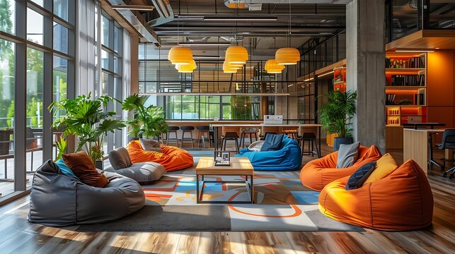 A dynamic startup office with a vibrant and casual vibe, featuring flexible seating like bean bags and lounge chairs, modern furniture, colorful decor, a communal table for meetings,