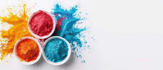  Three bowls sit atop a pristine white surface, each holding distinctly hued powders Blue, yellow, and red specks gracefully contrast against the unblemished back