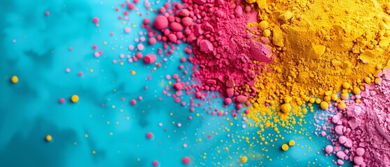 Fototapeta premium A collection of diverse powder hues atop a blue-pink canvas, embellished with yellow and pink sprinkles