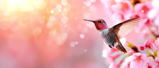 Naklejka premium A hummingbird rests on a pink bloom against a backdrop of softly blurred pink and white blossoms