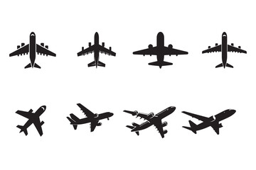 Set of black silhouettes of aircraft on a white background.