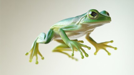 Fototapeta premium Green frog with large eyes leaping against a white background.