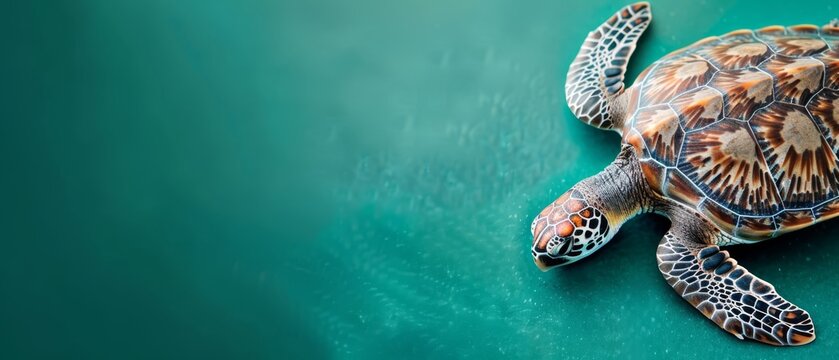  A tight shot of a sea turtle on verdant ground, its intricately patterned carapace combining black and white hues