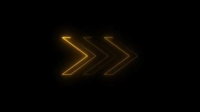Right direction arrow  neon glowing orange color animation on black background.