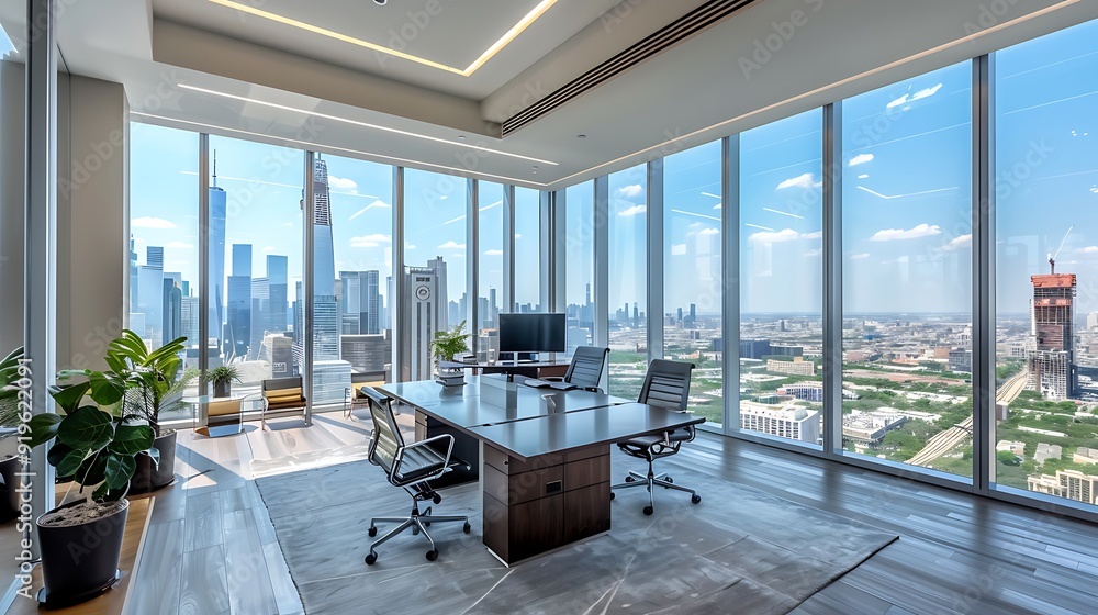 Poster A high-rise office with floor-to-ceiling windows offering breathtaking views of the city skyline, featuring modern furniture, sleek decor, and natural light flooding the room,