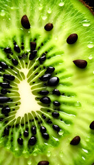 A detailed close-up image of a fresh kiwi slice, showcasing its vibrant green flesh and tiny drops of juice and water, isolated against a clean white background.