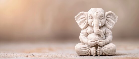  A small statue of an elephant sitting on the ground with its trunk raised