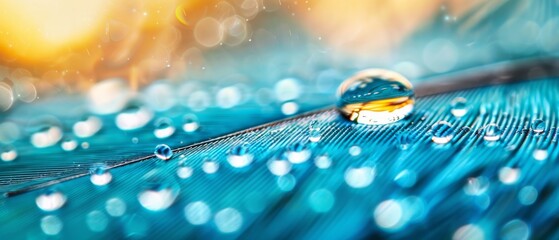  A tight shot of a single blue feather, its tip touched by a droplet of water