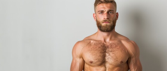 Fototapeta premium A bearded, shirtless man stands before a white wall, hands in pockets