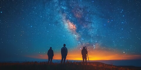People stargazing in a field for National Astronomy Day, August 10th, telescopes, clear night sky, shooting stars