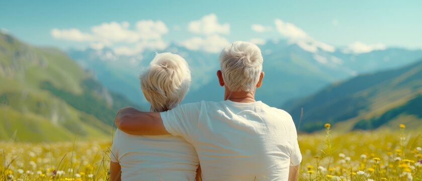 A man and a woman sit on a lush green grassy knoll beside a vibrant, flower-covered field