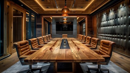 A luxurious boardroom with a large wooden conference table, high-back leather chairs, state-of-the-art presentation equipment, contemporary decor, and warm lighting,
