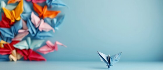 Fototapeta premium A small origami bird sits atop a table, near a wall adorned with origami butterflies