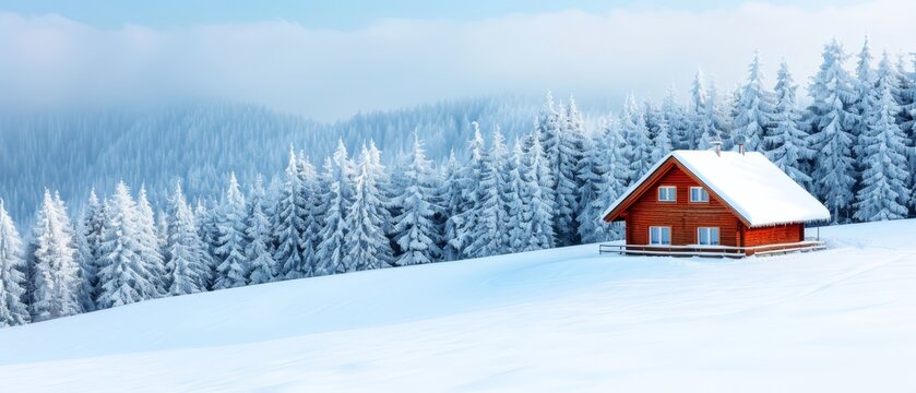  A cabin amidst a snow-capped mountain, encircled by pine trees in the foreground, against a backdrop of a clear, blue sky