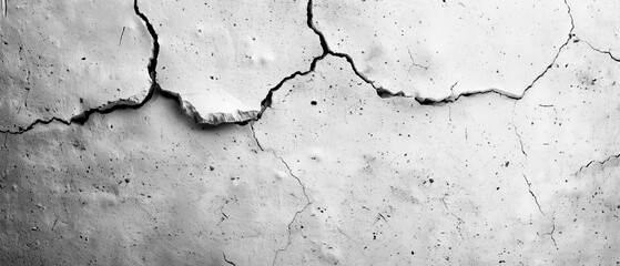 Obraz premium A monochrome image of a cracked concrete wall, displaying intricate networks of cracks