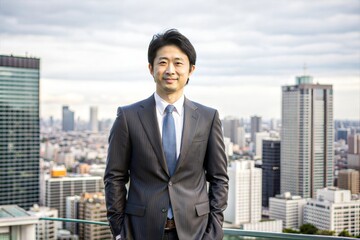 成功を象徴する、街並みを背景に自信をもって立つ日本の起業家のポートレート。