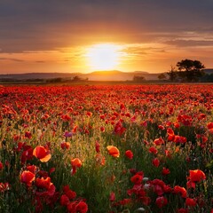 Fototapeta premium landscape with nice sunset over poppy field 