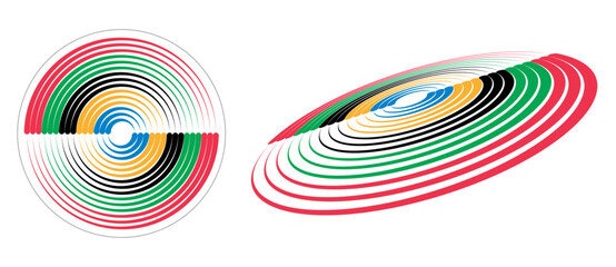 Abstract colorful background in circle. Red, Green, Black, Yellow and Blue colors spiral lines.