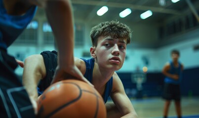 A basketball player holding a ball during a training session. Youth basketball team on practice...