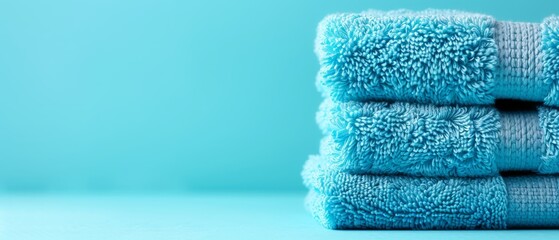  A blue tablecloth holds a stack of towels in blue, aligned atop it against a light blue background