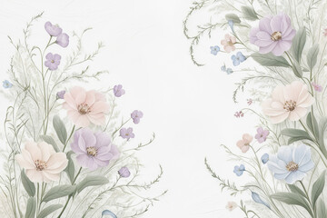 Postard with pastel flowers on white background with empty space for text. AI