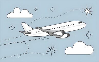 Naklejka premium An illustration of a passenger plane flying in a blue sky that was drawn by hand.