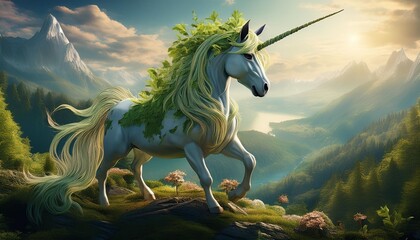 Earth Unicorn- A unicorn with a leafy, vine-like mane and tail, embodying the element of earth, set against a backdrop of mountains, forests, or fields