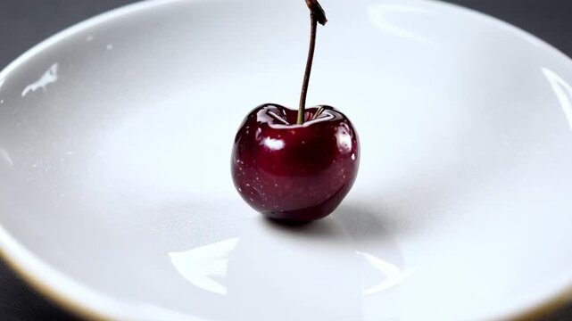 Single Cherry on White Plate with Dark Background.