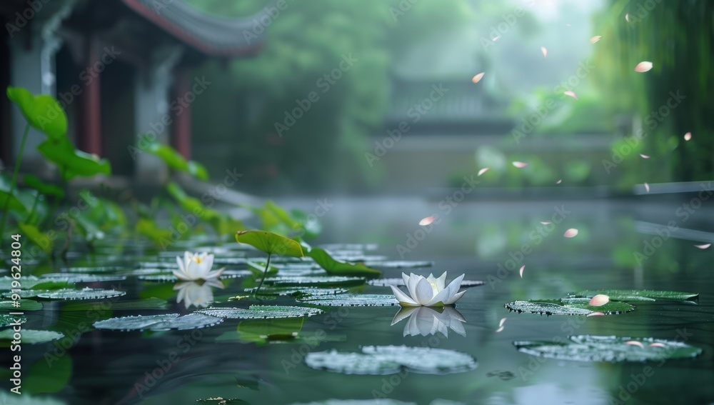 Aufkleber a tranquil scene of lotus flowers and leaves floating on the water's surface, with reflections in a 