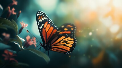 A Monarch Butterfly Landing on a Pink Flower in a Sunlit Garden
