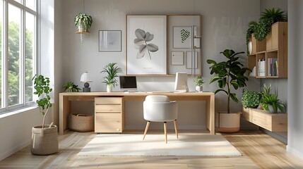 A minimalist Scandinavian office with light wood furniture, white walls, and clean lines, featuring a modern desk, ergonomic chair, and simple decor, large windows bringing in natural light,