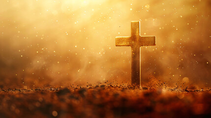 Radiant golden cross stands on the earth, illuminated from above, representing hope and renewal