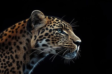 Fototapeta premium Photo of a leopard isolated against a black background, emphasising the leopard's majestic features. Wildlife and conservation concept, space for copy.