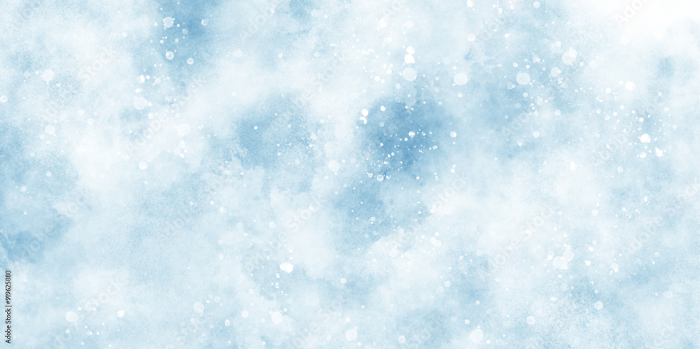 Wall mural a winter background with snowflakes and randomized floating bokeh, blue snow background with clouds,
