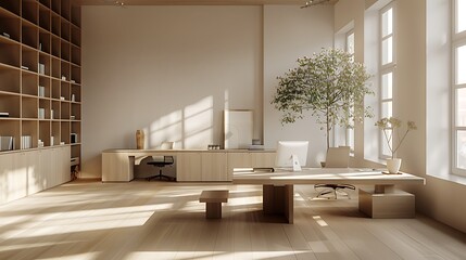 A modern minimalist workspace with sleek, minimalistic furniture, clean lines, and neutral colors, emphasizing simplicity and functionality, large windows letting in natural light, white walls,