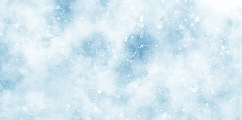 A winter background with snowflakes and randomized floating bokeh, blue snow background with clouds, light blue bokeh background for design, beautiful blue watercolor background with glitter particle.