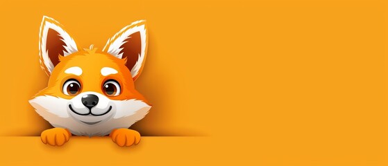 Obraz premium A charming fox with large eyes peers from behind a sunny, yellow wall, flaunting a broad grin
