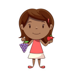 Little girl holding grapes and red apple