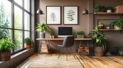 A modern remote work hub with an ergonomic chair, a sleek desk with organized storage solutions, soothing neutral colors, large windows letting in natural light, and minimalistic decor,