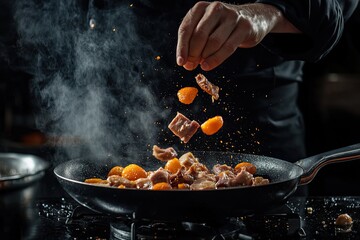 Professional chef hand in black uniform throws up frying mix of duck and oranges above the pan on dark background 