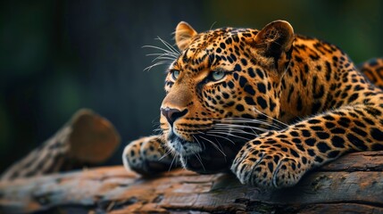 Obraz premium A close-up photo of a leopard resting on a log. The leopard's spotted coat is in sharp focus, and its gaze is alert. The image is perfect for illustrating the beauty and power of leopards