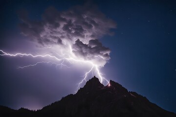 A lightning bolt striking a mountain peak under a starry sky, AI Generated