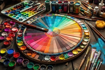 Naklejka premium Painting brushes and paint trays are scattered on the table