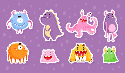 Funny Monster Character as Toothy and Hairy Mutant with Friendly Face Vector Sticker Set