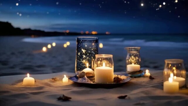 Candlelight bright decoration on sandy beach during sunset. Romantic mood dinner on sand in evening starry night with burning lamp beyond the sea.2