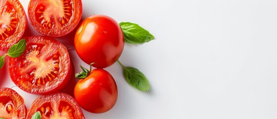 Fototapeta premium A group of tomatoes with green leaves atop them against a white background