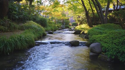 Obraz premium Tranquil Stream in Autumn Garden